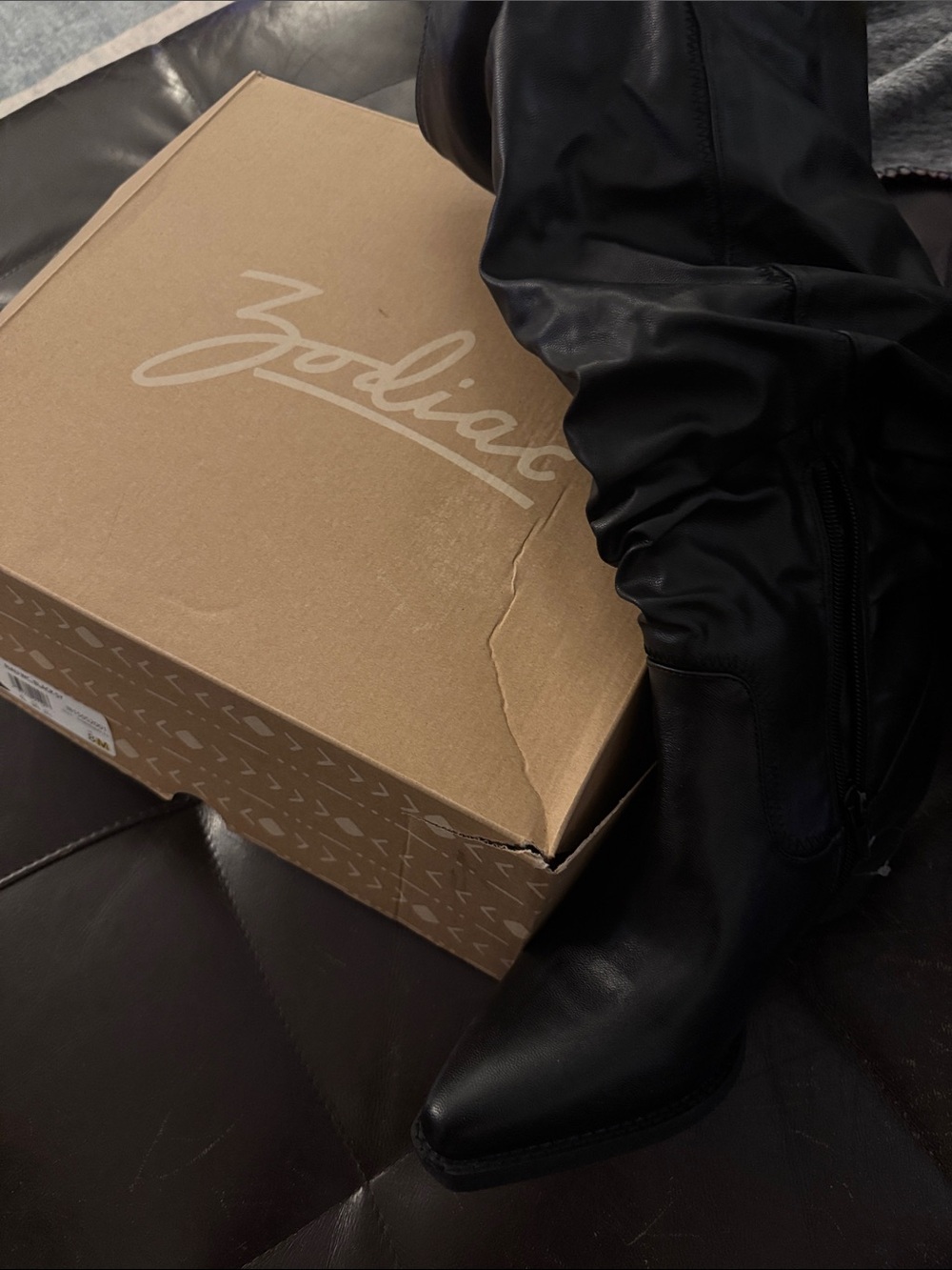 Zodiac Black Leather Knee-High Boots with Pointed Toe